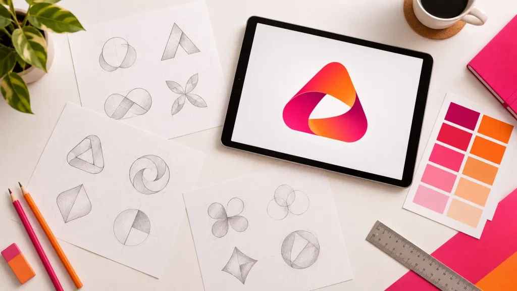 Mesa de designer com esboços de símbolos de logotipo e um logo em rosa e laranja no tablet